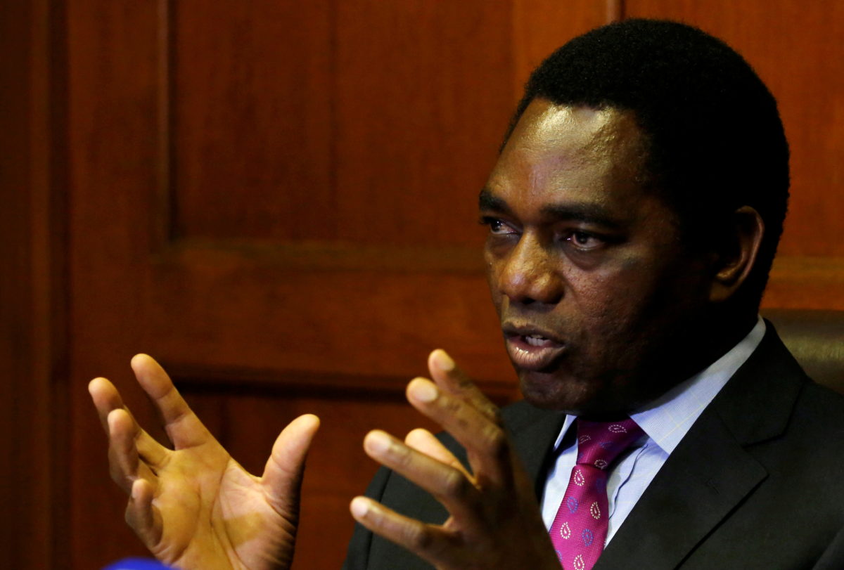 FILE PHOTO: Hakainde Hichilema, leader of ZambiaÕs opposition United Party for National Development (UPND), addresses a media conference in Cape Town, South Africa, August 31, 2017. REUTERS/Mike Hutchings/File Photo